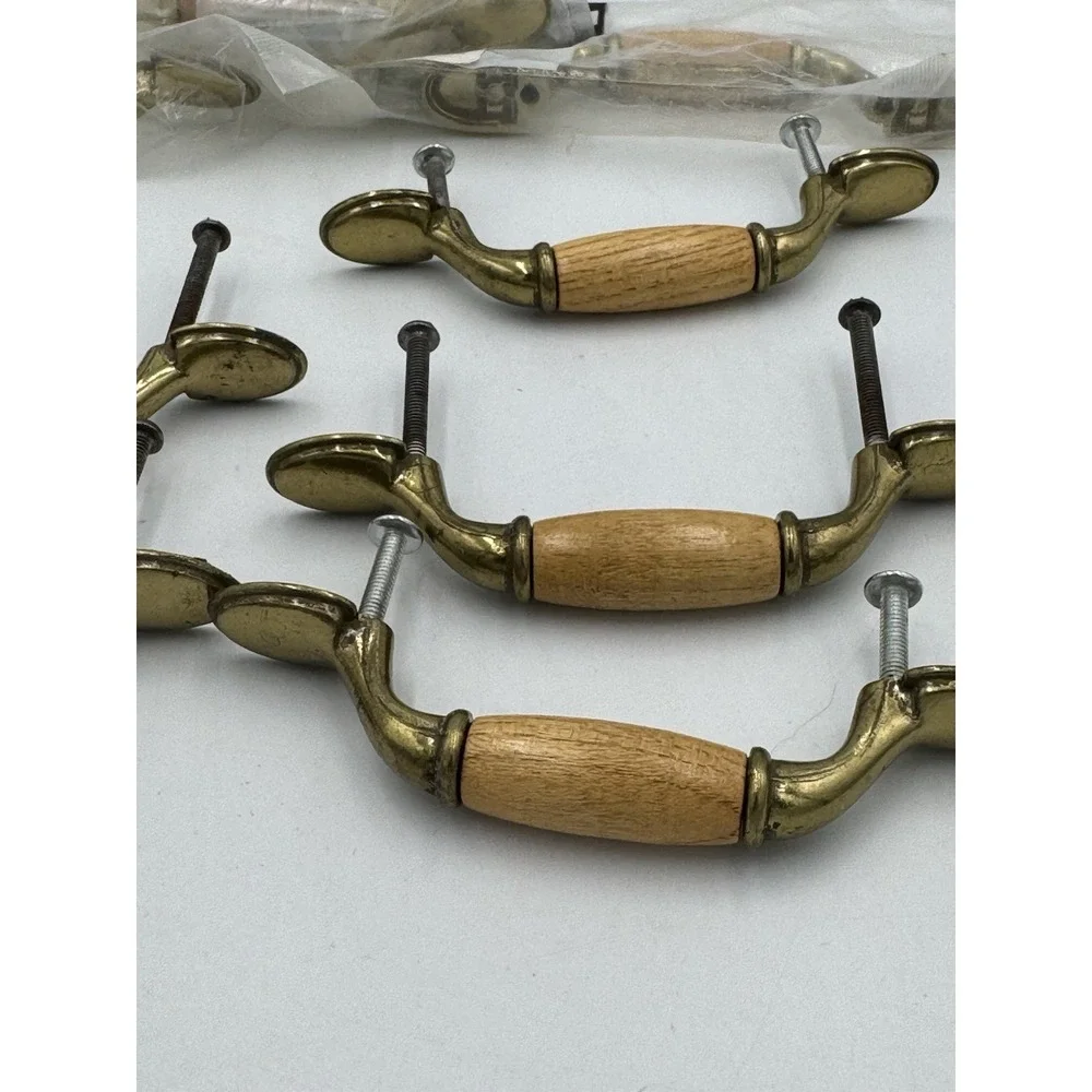 Vintage Brass Oak Wood Cabinet Drawer Handles Total Of 8 - 3 New In Package